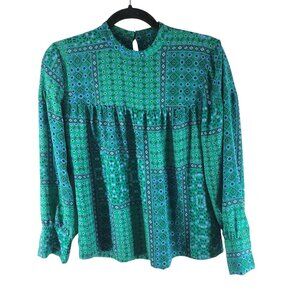 Ann Taylor Loft Petite Green Blue Geometric Long Sleeve Blouse High Neck SP